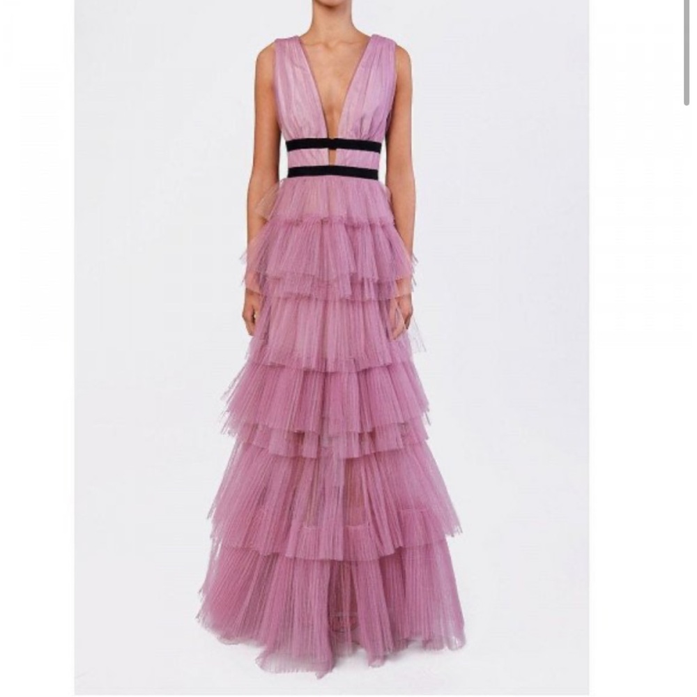 Plunge Front Tulle Layered Maxi Dress